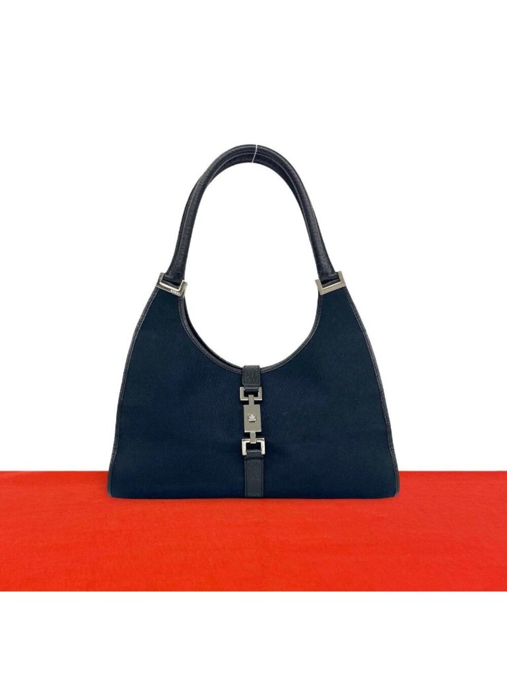 Gucci Jackie Logo Canvas Leather Tote Shoulder Bag Black